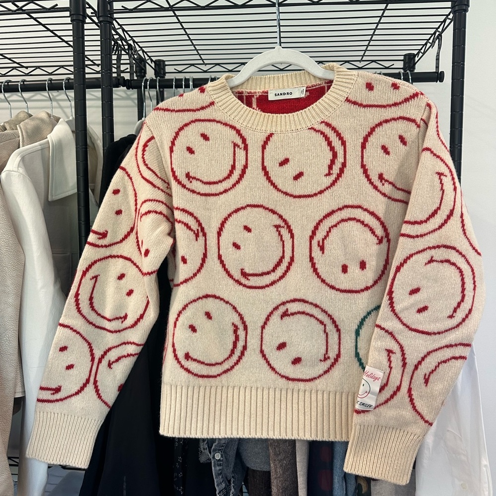Sandro Cream Sweater with Red Smiley Pattern